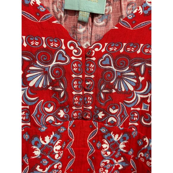 Skies are Blue Red Blue Boho Floral Print Dress Bell Sleeves Size Large - Picture 4 of 10